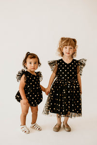 Infant Girl's Black and Gold Polka Dot Tulle Bubble Romper