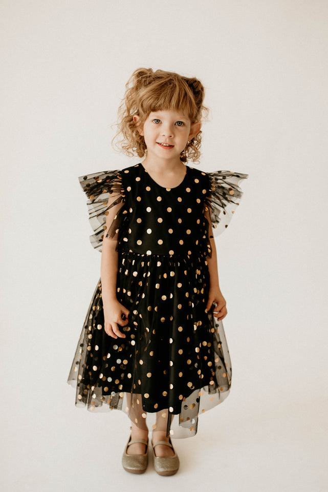 Girl’s Black and Gold Polka Dot Tulle Pinafore Twirl Dress