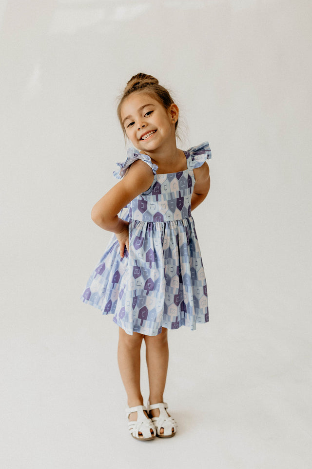 Girl’s Blue and White Dreidel Print Hanukkah Dress