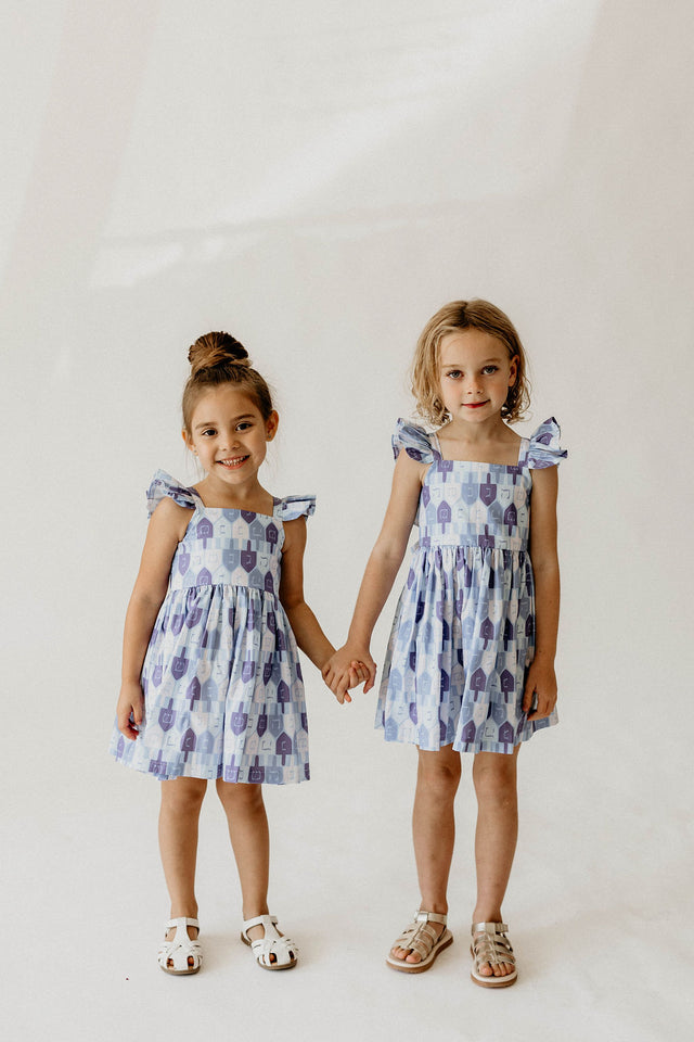 Girl’s Blue and White Dreidel Print Hanukkah Dress