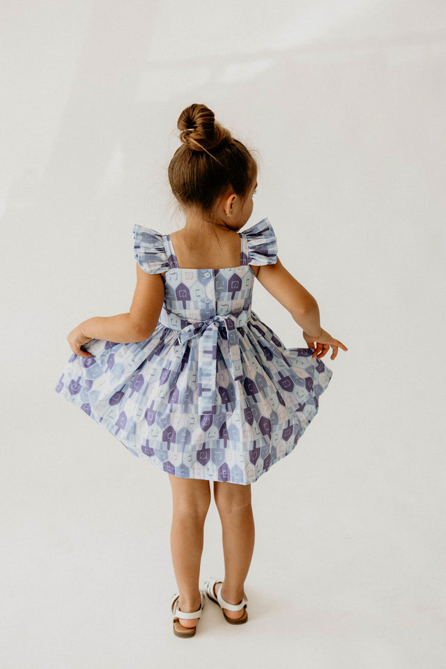 Girl’s Blue and White Dreidel Print Hanukkah Dress