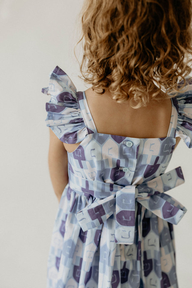 Girl’s Blue and White Dreidel Print Hanukkah Dress