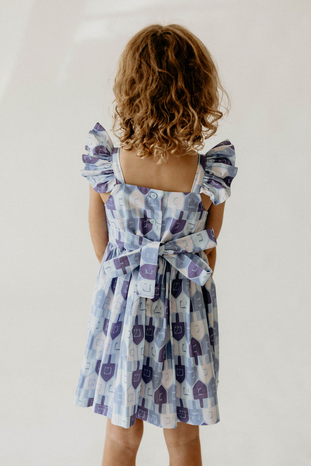 Girl’s Blue and White Dreidel Print Hanukkah Dress