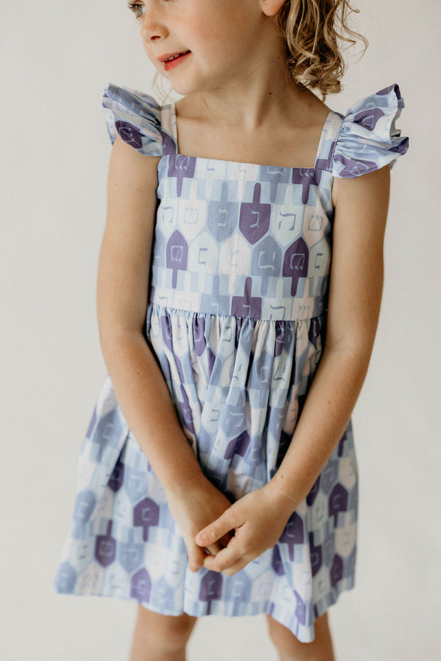 Girl’s Blue and White Dreidel Print Hanukkah Dress