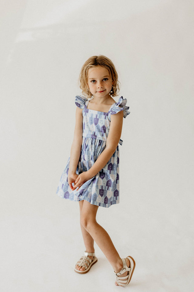 Girl’s Blue and White Dreidel Print Hanukkah Dress