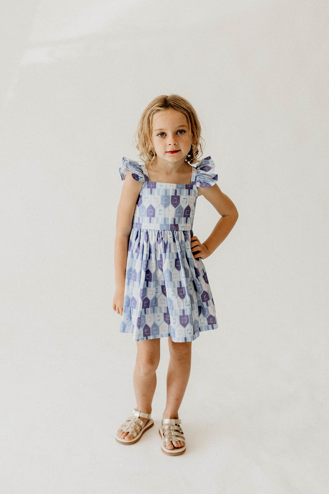 Girl’s Blue and White Dreidel Print Hanukkah Dress