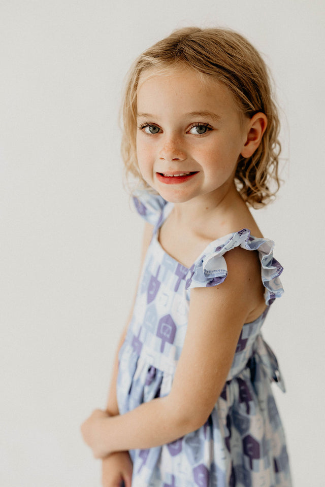 Girl’s Blue and White Dreidel Print Hanukkah Dress