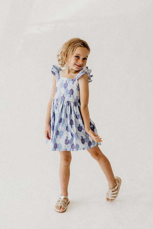 Girl’s Blue and White Dreidel Print Hanukkah Dress