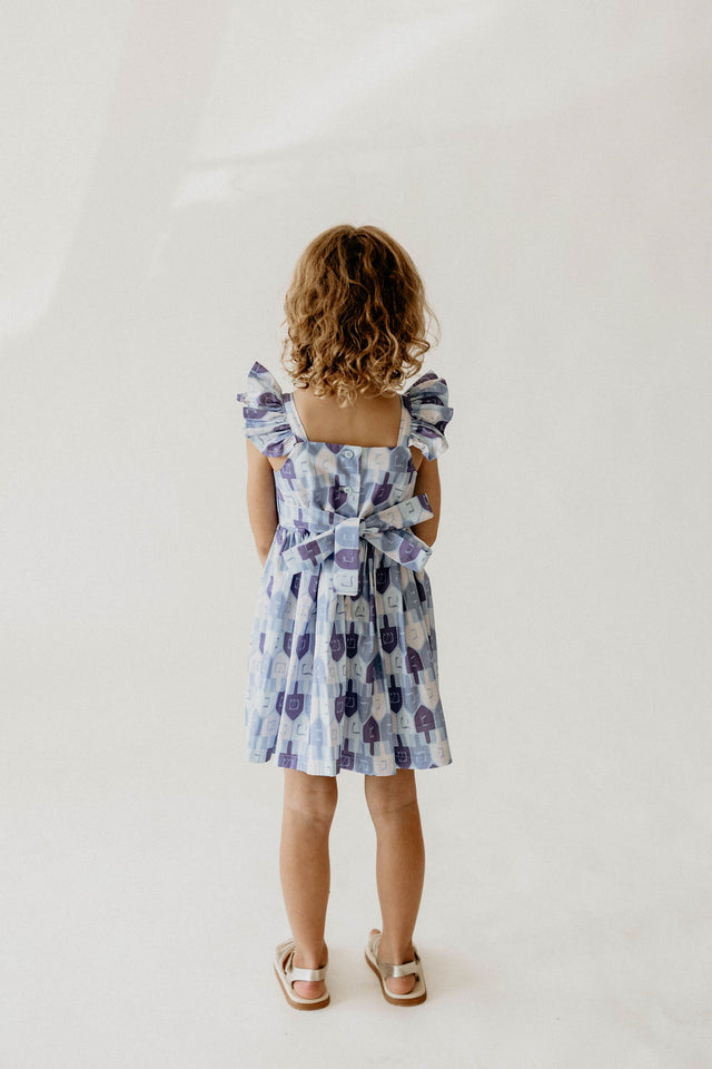 Girl’s Blue and White Dreidel Print Hanukkah Dress