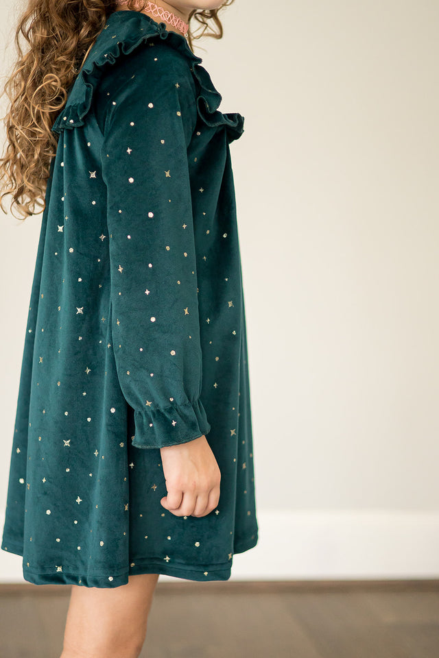 Girl's Green and Gold Stretch Velvet Ruffle Bib Shift Dress