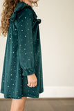 Girl's Green and Gold Stretch Velvet Ruffle Bib Shift Dress