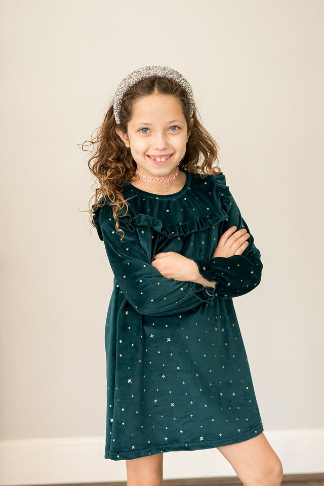 Girl's Green and Gold Stretch Velvet Ruffle Bib Shift Dress
