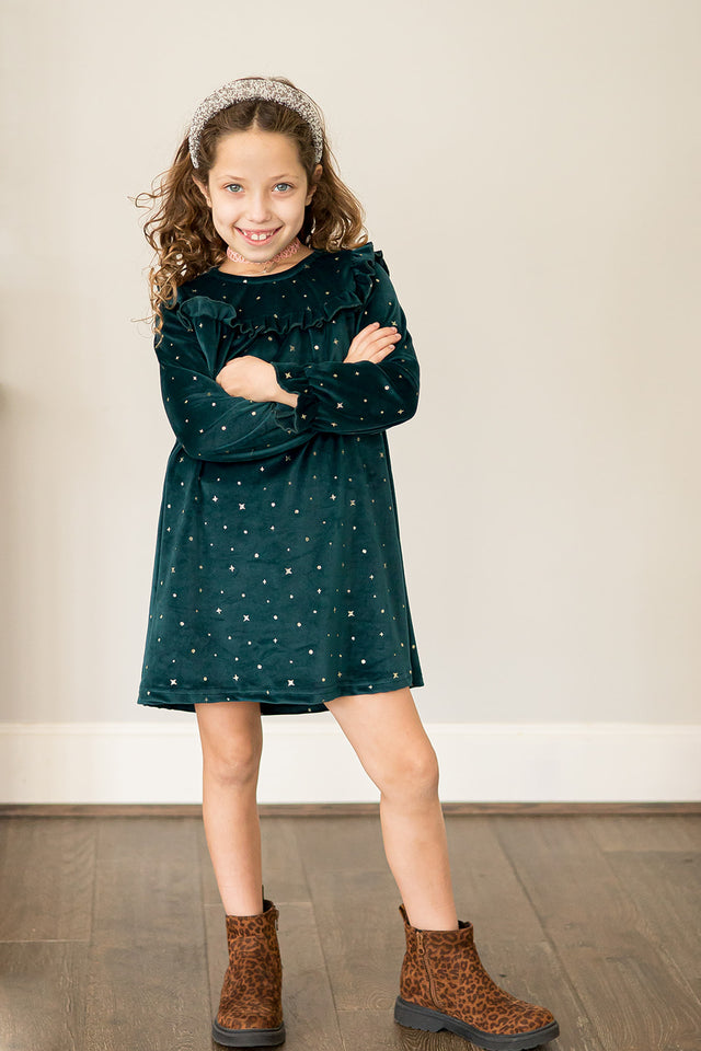 Girl's Green and Gold Stretch Velvet Ruffle Bib Shift Dress