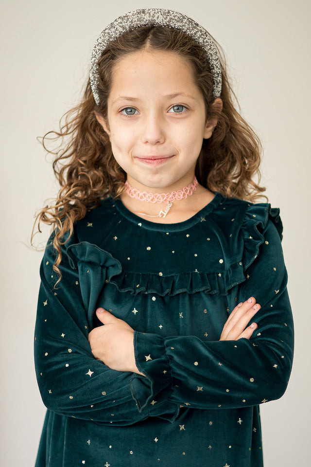 Girl's Green and Gold Stretch Velvet Ruffle Bib Shift Dress