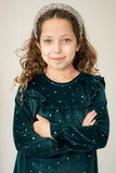 Girl's Green and Gold Stretch Velvet Ruffle Bib Shift Dress