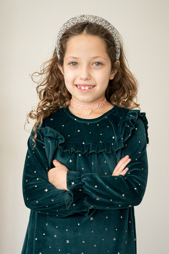 Girl's Green and Gold Stretch Velvet Ruffle Bib Shift Dress