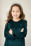 Girl's Green and Gold Stretch Velvet Ruffle Bib Shift Dress
