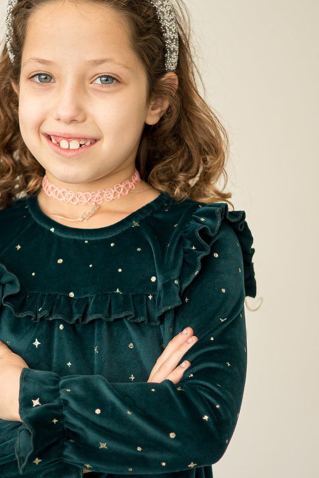 Girl's Green and Gold Stretch Velvet Ruffle Bib Shift Dress