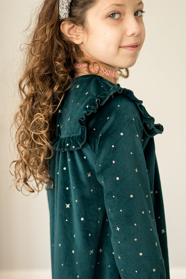 Girl's Green and Gold Stretch Velvet Ruffle Bib Shift Dress