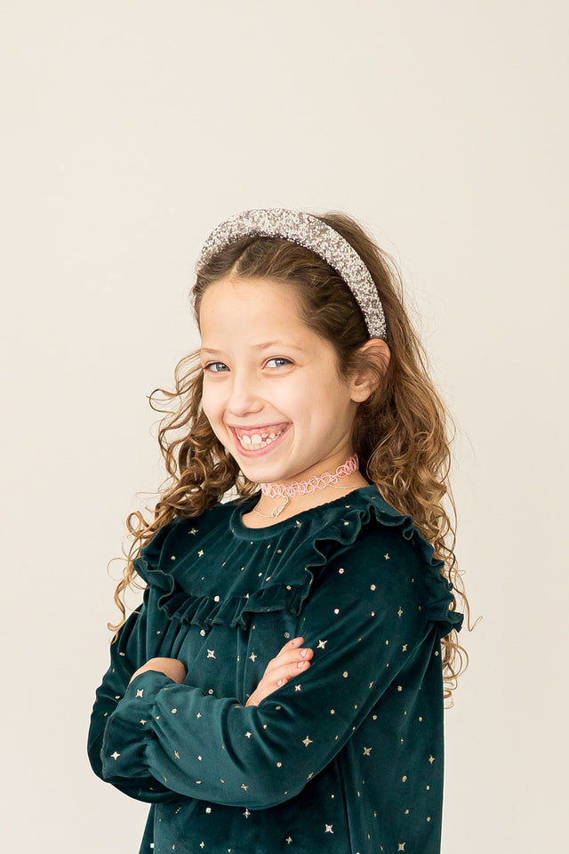 Girl's Green and Gold Stretch Velvet Ruffle Bib Shift Dress