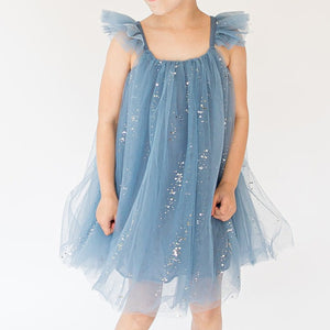 blue flutter sleeve sparkly tulle dress
