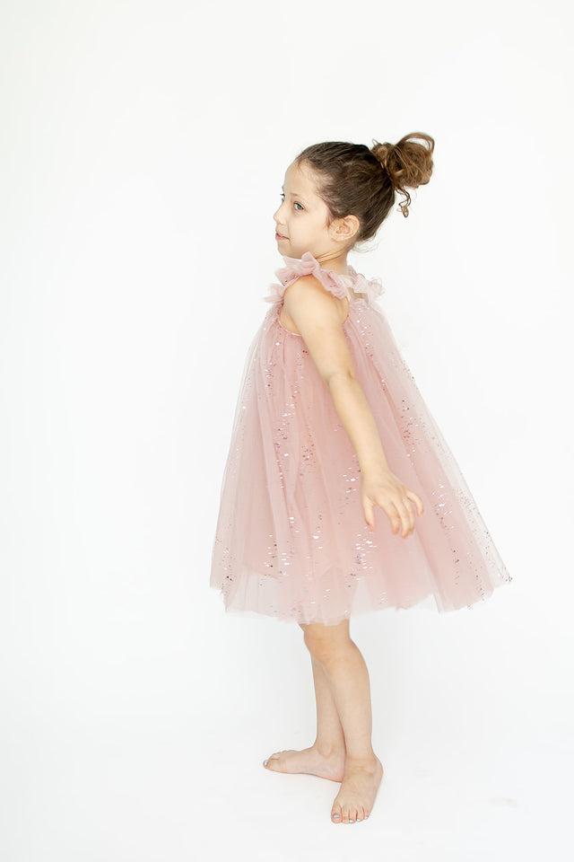 little girls blush pink flutter sleeve tulle dress