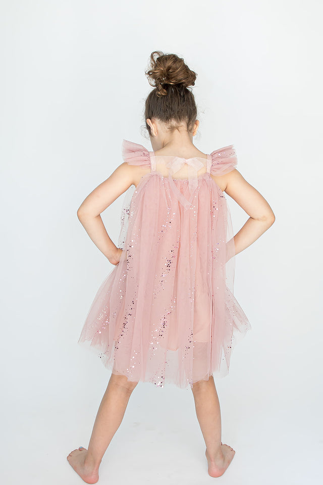 little girls pink tulle dress with sparkle