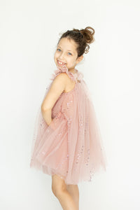 Girl's Blush Pink Sparkly Tulle Flutter Sleeve Twirl Dress