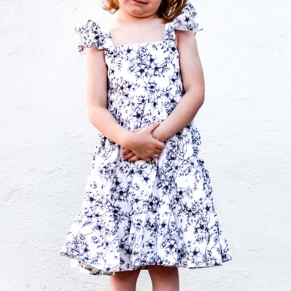 Girl’s Boho Black and white Floral Cotton Flutter Sleeve Peasant Dress