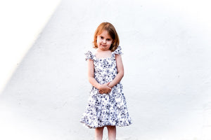 Girl’s Boho Black and white Floral Cotton Flutter Sleeve Peasant Dress