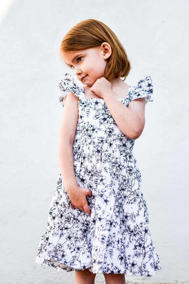 Girl’s Boho Black and white Floral Cotton Flutter Sleeve Peasant Dress