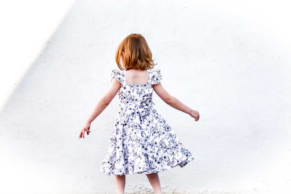 Girl’s Boho Black and white Floral Cotton Flutter Sleeve Peasant Dress