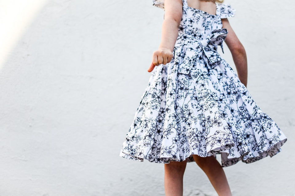 Girl’s Boho Black and white Floral Cotton Flutter Sleeve Peasant Dress