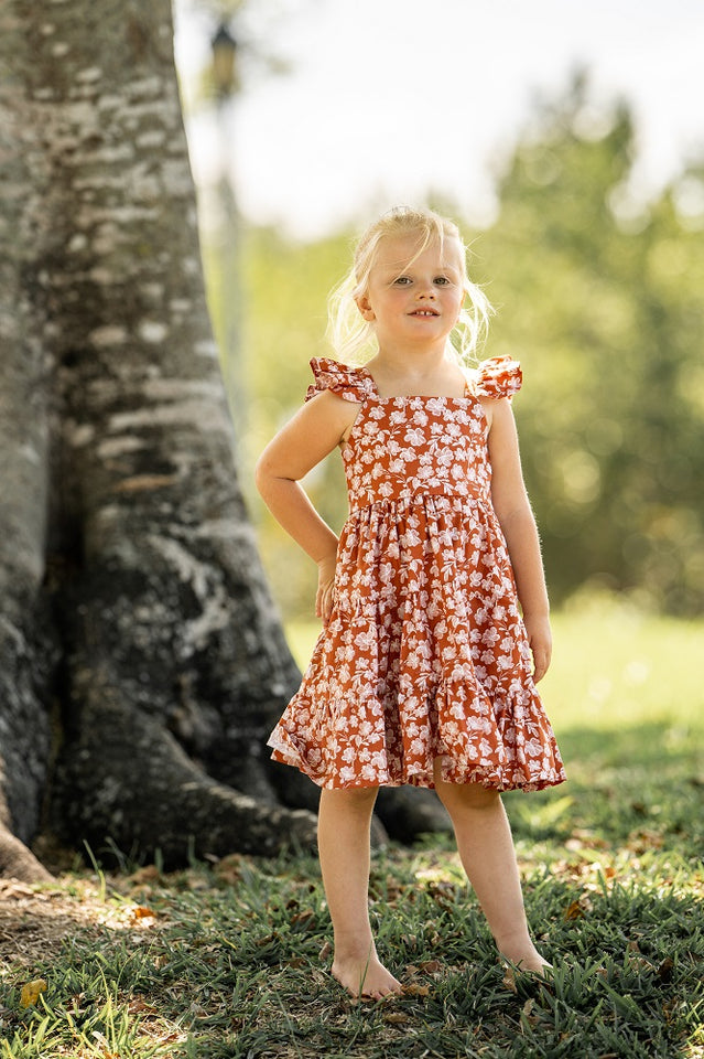 Girl's Boho Rust and White Floral Cotton Flutter Sleeve Peasant