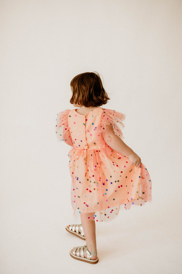 Girl's Coral Confetti Tulle Polka Dot Pinafore Party Dress