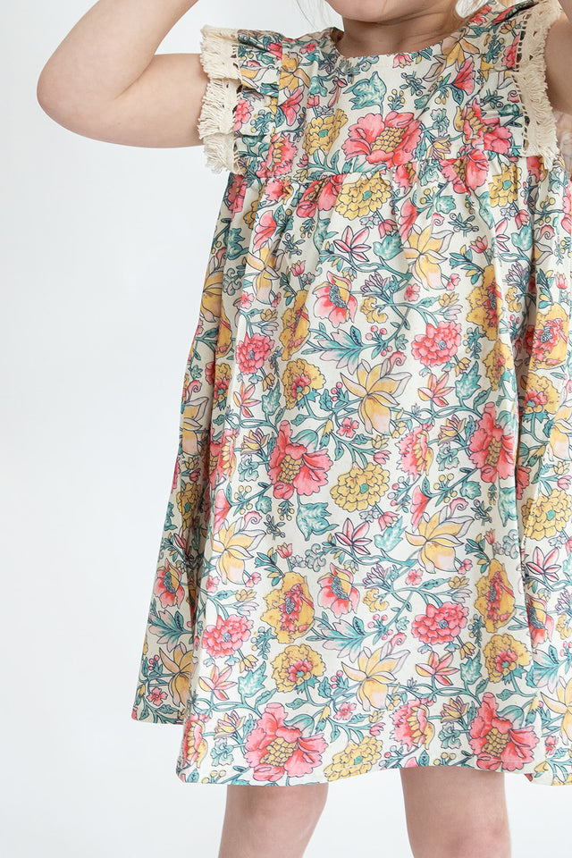 Girl’s Red Yellow and Green Floral Dress with Fringe Sleeves