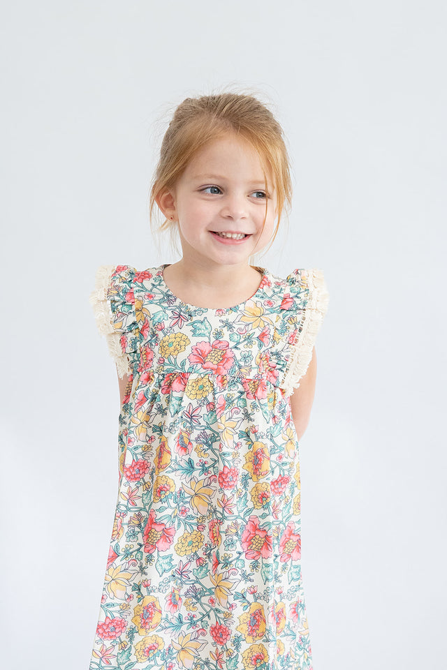 Girl’s Red Yellow and Green Floral Dress with Fringe Sleeves