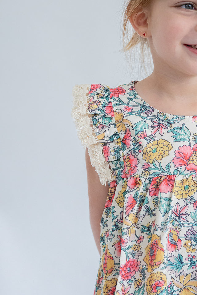 Girl’s Red Yellow and Green Floral Dress with Fringe Sleeves
