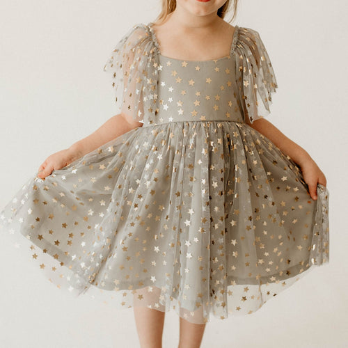 Girl's Gray Tulle with Gold Stars Twirl Party Dress