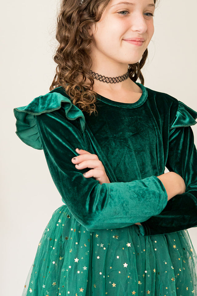 Girl's Green Velvet and Tulle Christmas Holiday Dress