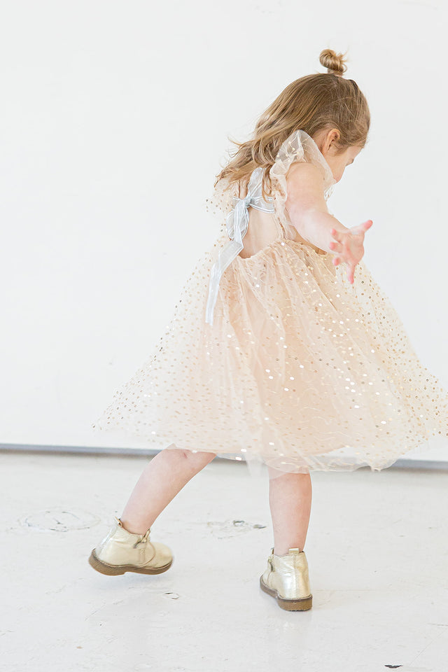 Little Girl's Ivory and Gold Sequin Swirl Tulle Shift Dress