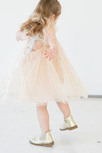 Little Girl's Ivory and Gold Sequin Swirl Tulle Shift Dress