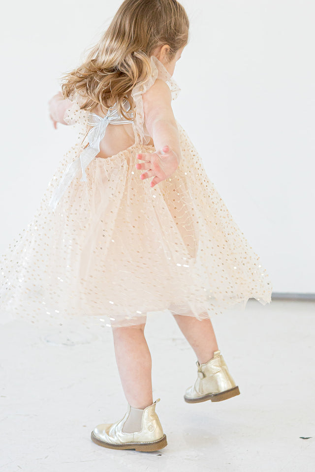 Little Girl's Ivory and Gold Sequin Swirl Tulle Shift Dress