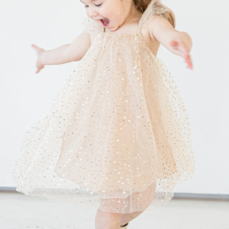 Little Girl's Ivory and Gold Sequin Swirl Tulle Shift Dress