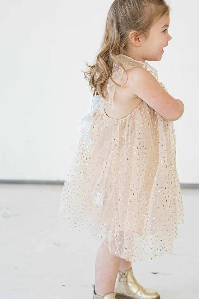 Little Girl's Ivory and Gold Sequin Swirl Tulle Shift Dress