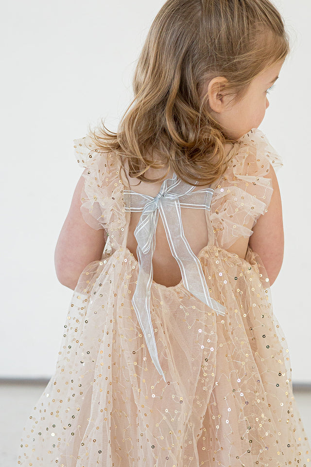 Little Girl's Ivory and Gold Sequin Swirl Tulle Shift Dress