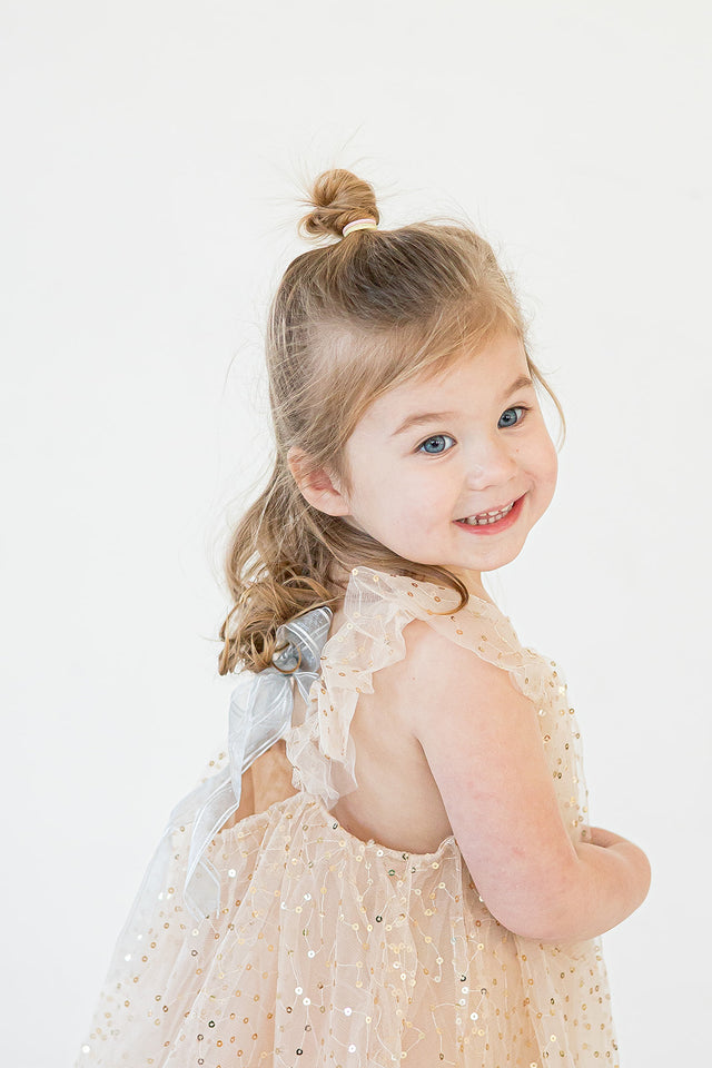Little Girl's Ivory and Gold Sequin Swirl Tulle Shift Dress