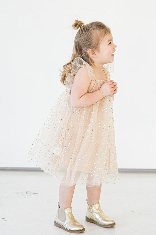 Little Girl's Ivory and Gold Sequin Swirl Tulle Shift Dress
