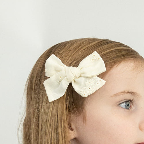 Floral Double Gauze Ivory Eyelet Bow with Alligator Clips