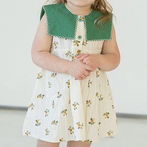 Girl's Ivory and Green Floral Spring Dress with Green Square Collar